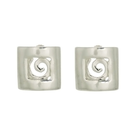 Sterling Silver Stud Earrings Square with Spiral