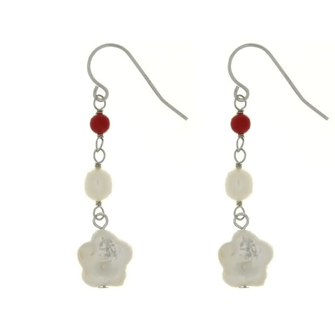 DANGLE FRESHWATER PEARL & RED CORAL SS EARRINGS