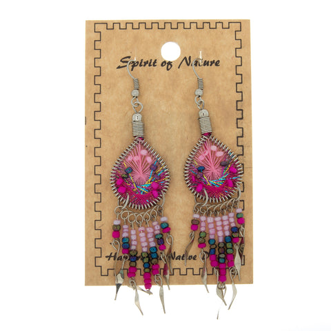 DANGLE THREAD WEAVE & SEED BEAD DREAMCATCHER PINK EARRINGS