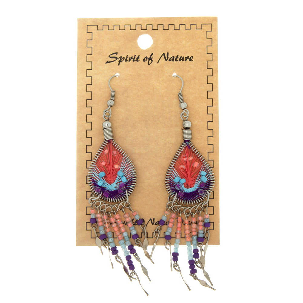DANGLE THREAD WEAVE & SEED BEAD DREAMCATCHER CORAL EARRINGS