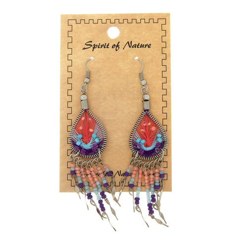 DANGLE THREAD WEAVE & SEED BEAD DREAMCATCHER CORAL EARRINGS