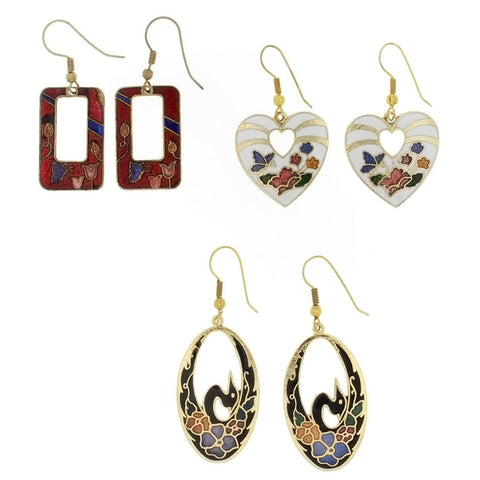 DROP CLOISONNE DESIGN EARRINGS (3 PR)