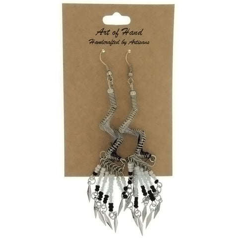 DANGLE THREAD WEAVE & SEED BEAD SPIRAL B & W EARRINGS