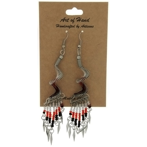 DANGLE THREAD WEAVE & SEED BEAD SPIRAL RED EARRINGS