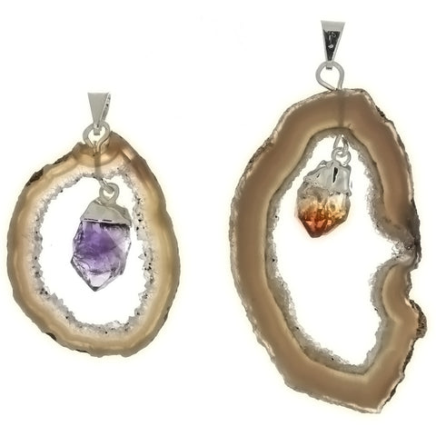 GEMSTONE AGATE GEODE SLICE W/ POINT 40 MM PENDANT