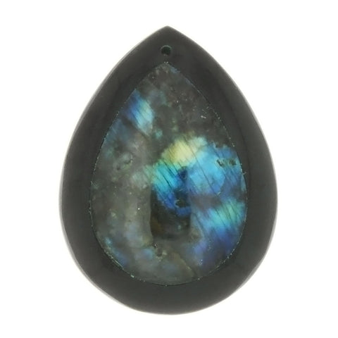 GEMSTONE LABRADORITE TEARDROP FRAMED BLACK STONE 30 X 40 MM PENDANT