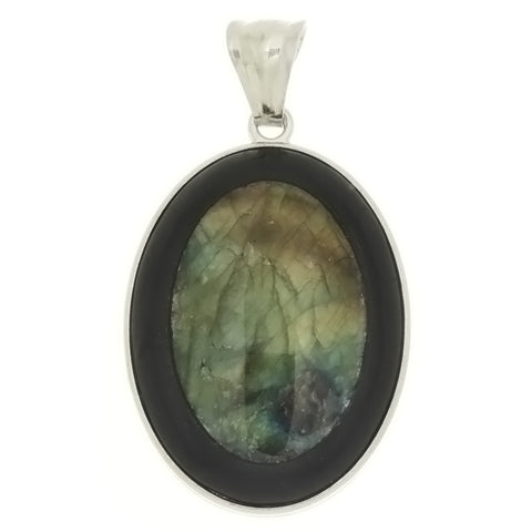 GEMSTONE LABRADORITE OVAL FRAMED BLACK STONE 30 X 40 MM PENDANT