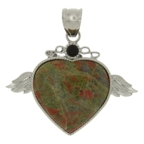 GEMSTONE UNAKITE HEART W/ WINGS 27 X 30 MM PENDANT