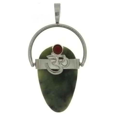 GEMSTONE JADE SERPENTINE DROPLET W/ OM SYMBOL 20 X 38 MM PENDANT