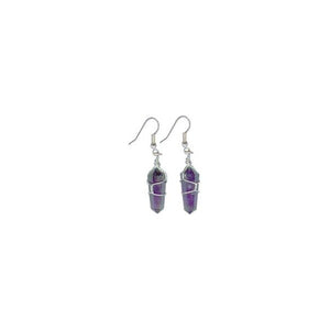 EAR RINGS AMETHYST CRYSTAL POINT WIRE WRAPPED