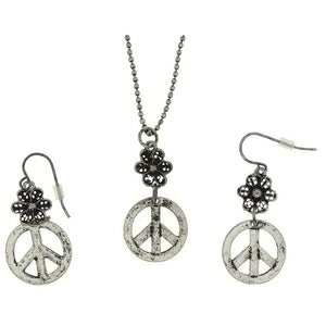 SET CHAIN CHARM PEACE SIGN & FLOWER EARRING & NECKLACE